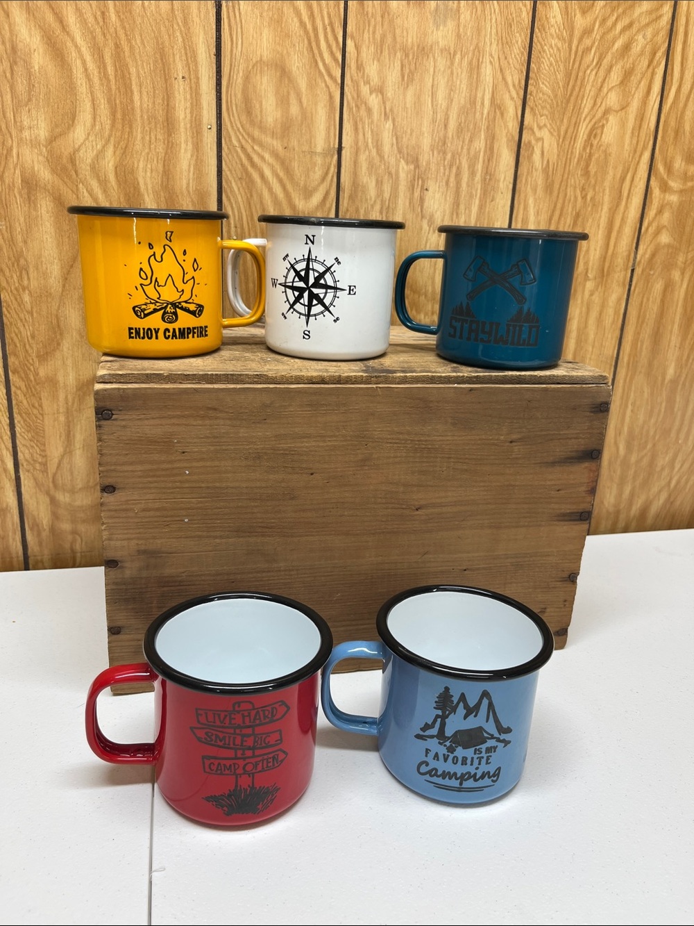 Vintage-Style Enamel Camping Mug Set - Yellow, White, Teal, Red, Blue